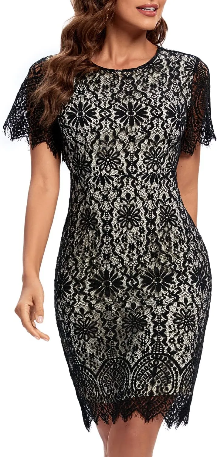 MSLG Women's Elegant Floral Lace Round Neck Short Sleeves Cocktail Party Bodycon Knee Length Dress 931