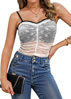 MYMORE Womens Going Out Y2K Backless Lace Trim Cami Crop Tops Cute Adjustable Spaghetti Strap Ruched Tank Camisole Tops