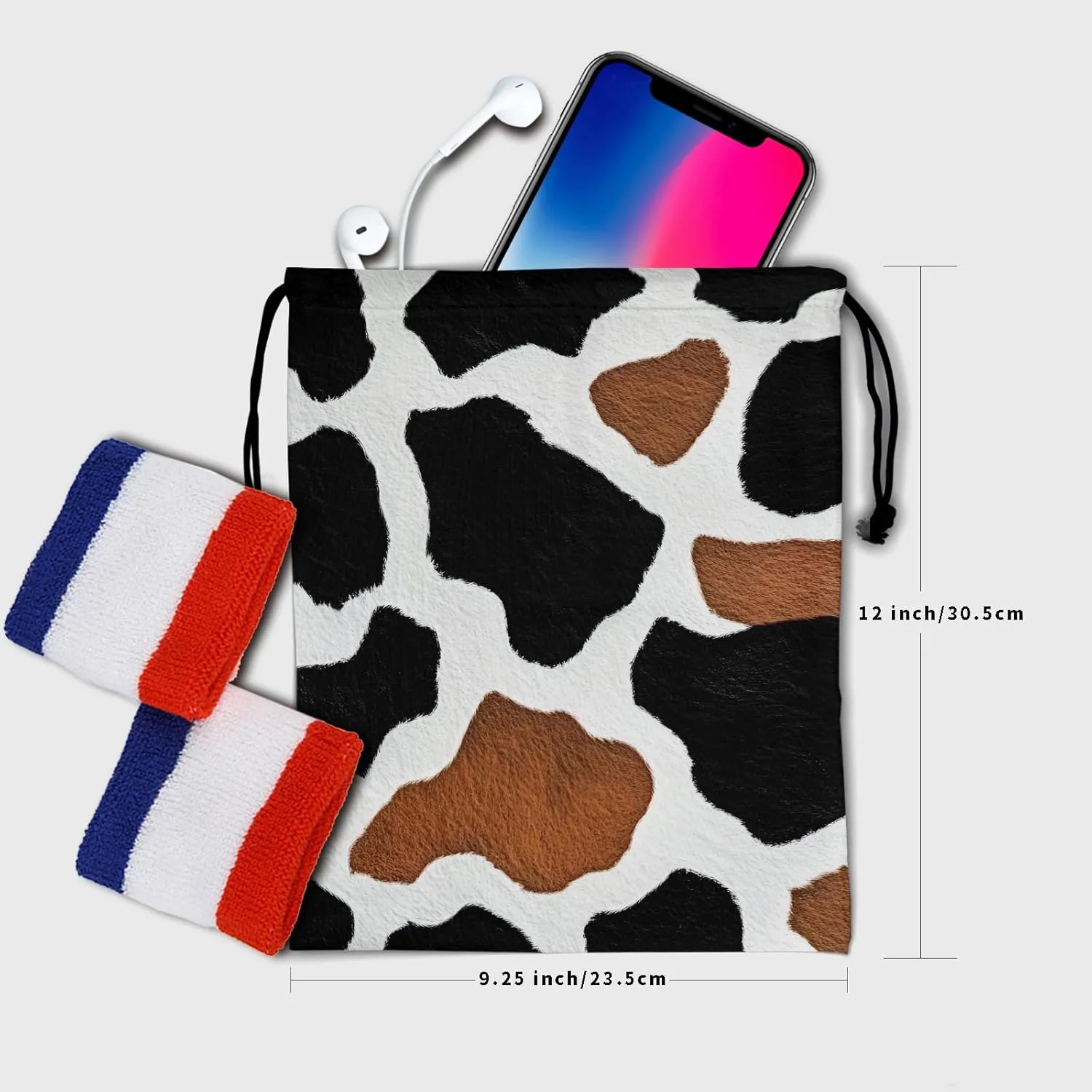 Nerxy Black Cow Gymnastics Grip Bag - Brown Cowhide Grip Bags for Gymnastics Mini Gym Bag Animals Print Drawstring Storage Pouch Adjustable