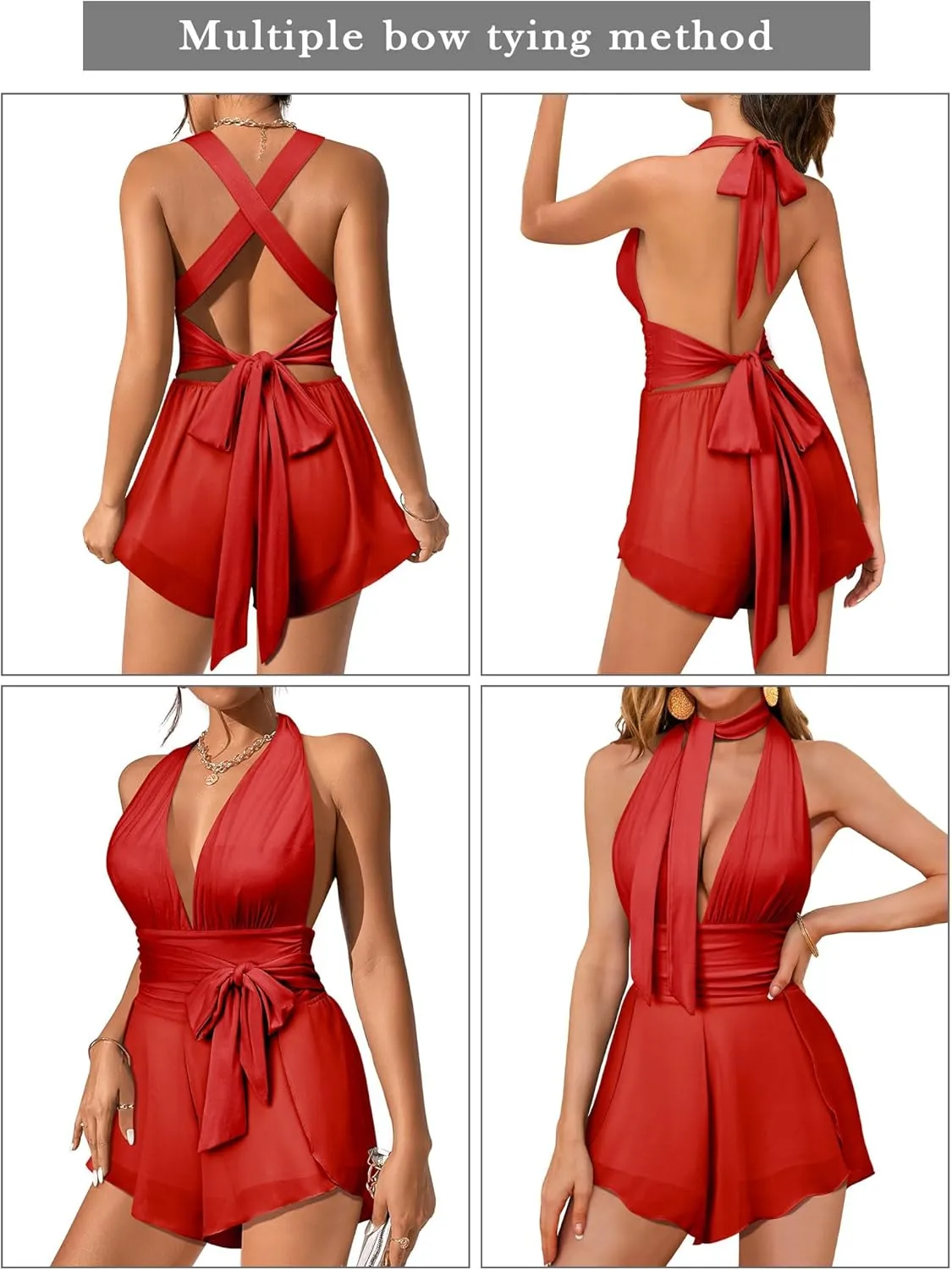 Nlife Womens Deep V Neck Halter Jumpsuit Tie Backless 2 in 1 Flowy Chiffon Shorts Romper Sexy Plunge Concert Mini Outfit