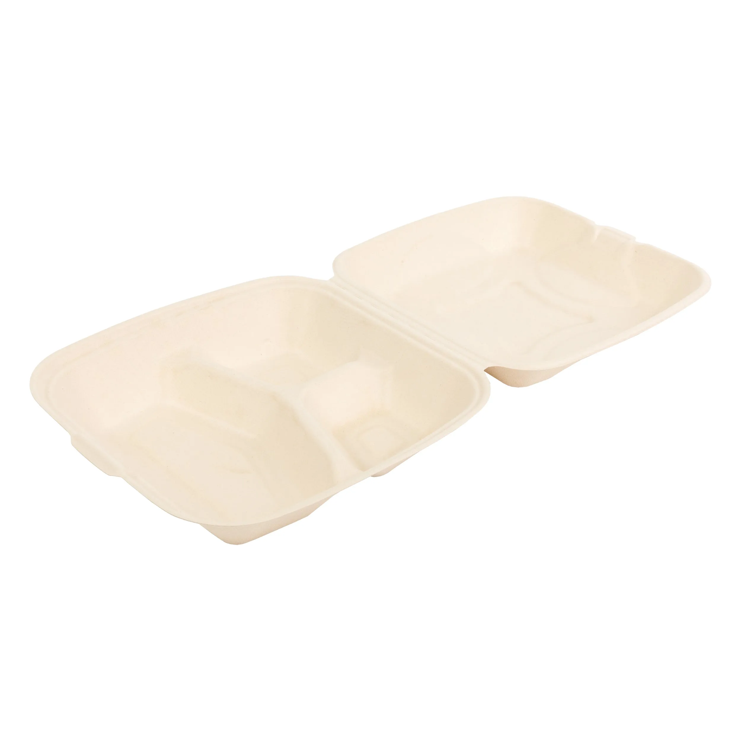 No PFAS added 9" x 9" x 3.19" Large 3 Section Molded Fiber Clamshell/Hinged Lid Containers, Case of 200