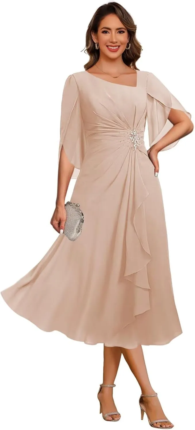 Noras dress Appliques Mother of Bride Dresses for Wedding Ruffle Cap Sleeves Tea Length Formal Evening Party Gowns B096