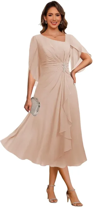 Noras dress Appliques Mother of Bride Dresses for Wedding Ruffle Cap Sleeves Tea Length Formal Evening Party Gowns B096