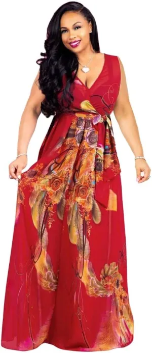 Nuofengkudu Womens Chiffon Deep V-Neck Stripe Printed Maxi Dress Unique Loose Summer Boho Dresses High Waiste(S-5XL)