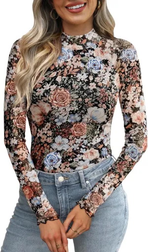 OFEEFAN Mesh Long Sleeve Tops for Women Trendy Fashion Western Shirts See Through Going Out Tops for Women S-3XL
