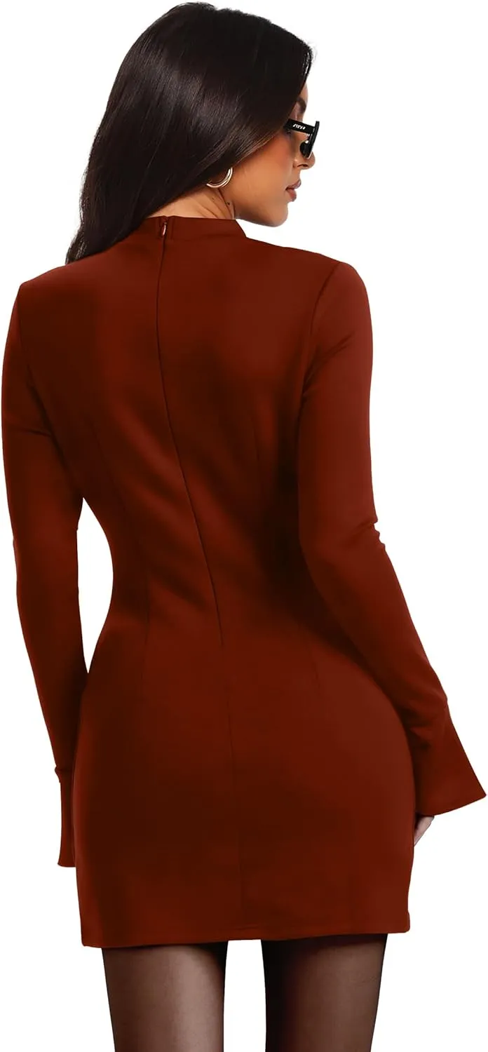 OFEEFAN Women's Fall Long Sleeve Mock Neck Dress Basic Party Club Bodycon Mini Dresses