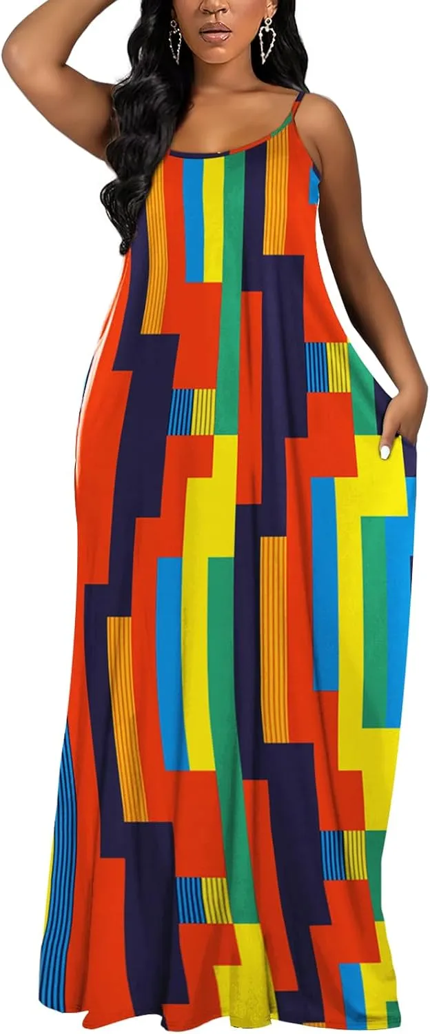 OFEEFAN Women's Maxi Dresses Summer Spaghetti Strap Dress with Pockets