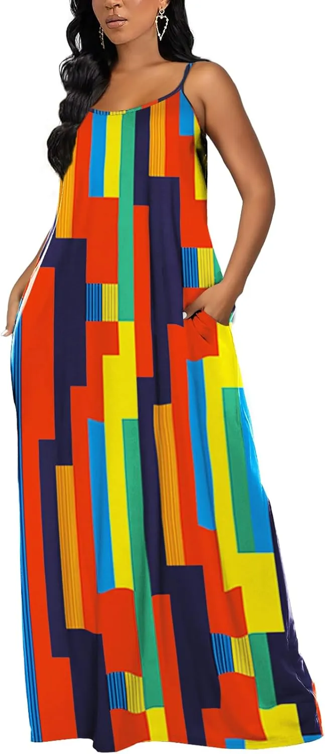 OFEEFAN Women's Maxi Dresses Summer Spaghetti Strap Dress with Pockets