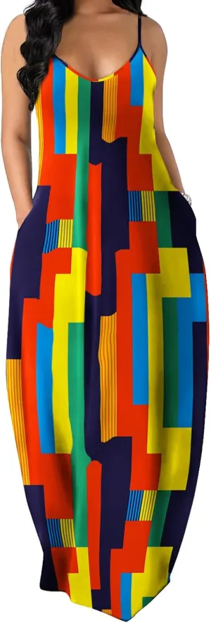 OFEEFAN Women's Maxi Dresses Summer Spaghetti Strap Dress with Pockets
