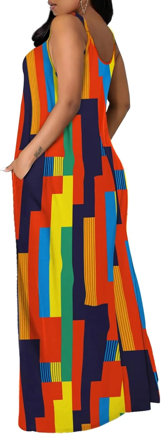 OFEEFAN Women's Maxi Dresses Summer Spaghetti Strap Dress with Pockets