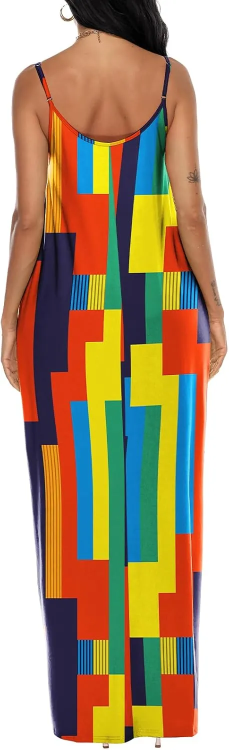 OFEEFAN Women's Maxi Dresses Summer Spaghetti Strap Dress with Pockets