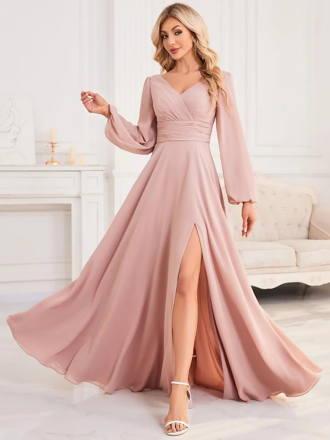 OFEYCHUN Long Sleeve Bridesmaid Dresses for Women V Neck Chiffon Long Formal Dress with Slit