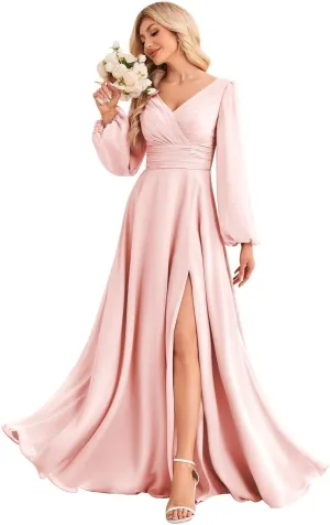 OFEYCHUN Long Sleeve Bridesmaid Dresses for Women V Neck Chiffon Long Formal Dress with Slit