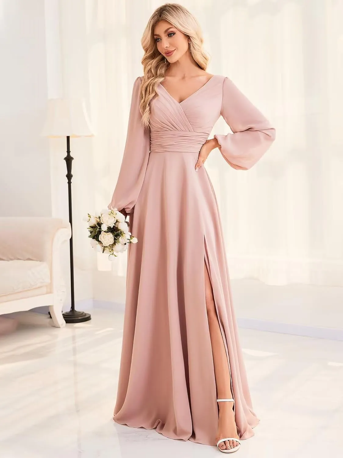 OFEYCHUN Long Sleeve Bridesmaid Dresses for Women V Neck Chiffon Long Formal Dress with Slit