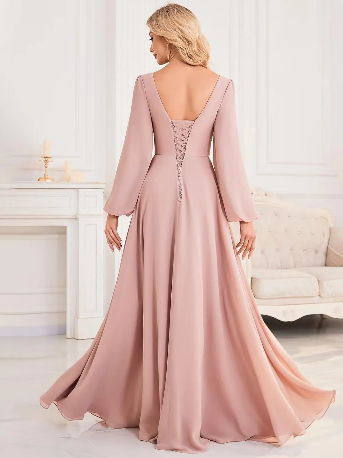 OFEYCHUN Long Sleeve Bridesmaid Dresses for Women V Neck Chiffon Long Formal Dress with Slit