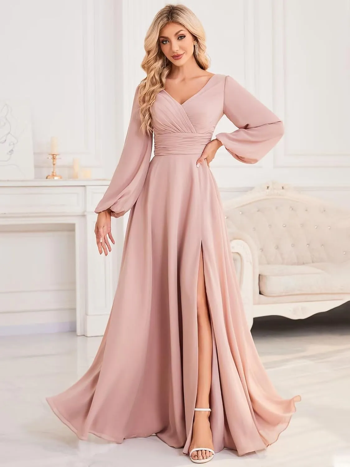 OFEYCHUN Long Sleeve Bridesmaid Dresses for Women V Neck Chiffon Long Formal Dress with Slit