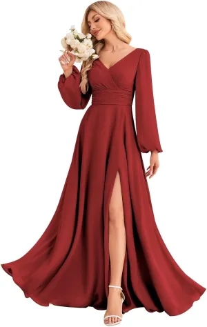 OFEYCHUN Long Sleeve Bridesmaid Dresses for Women V Neck Chiffon Long Formal Dress with Slit
