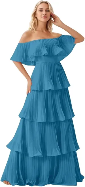 Off Shoulder Prom Dresses Long Ball Gown Chiffon Pleated Evening Dress for Women Elegant Classy