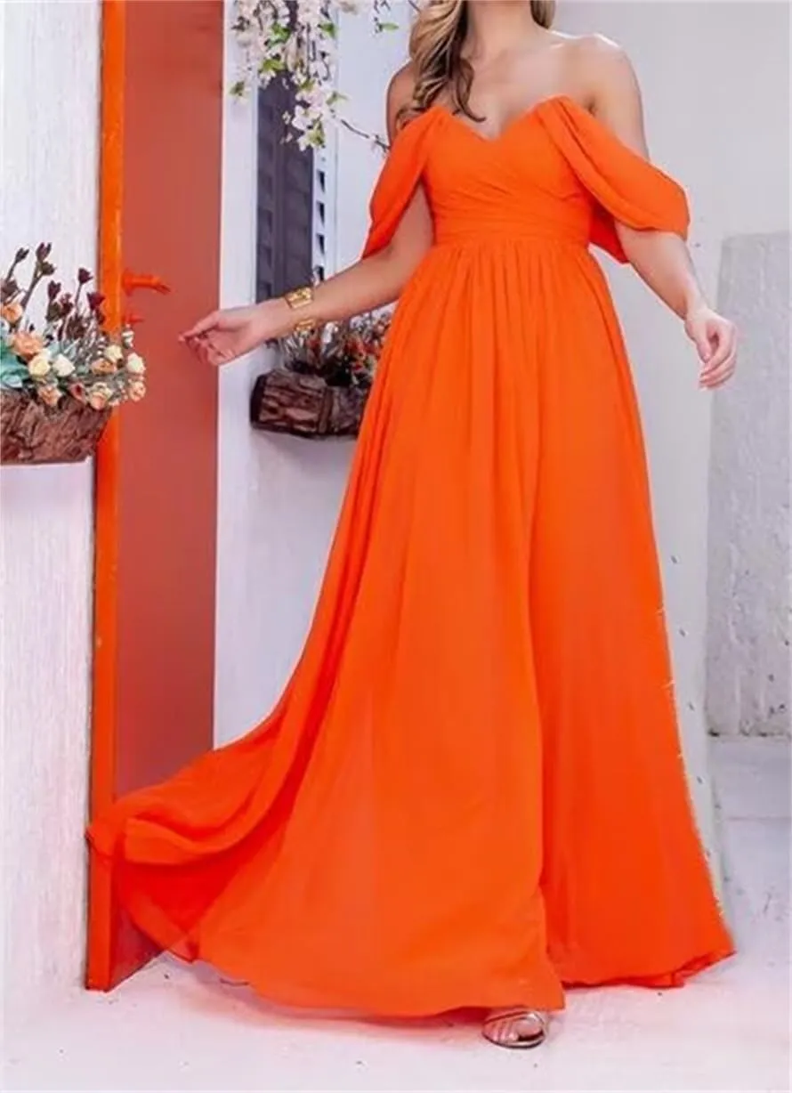Off The Shoulder Bridesmaid Dresses for Wedding Ruched Chiffon Formal Evening Party Prom Maxi Gown AN356