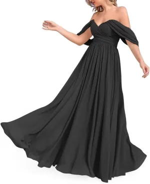 Off The Shoulder Bridesmaid Dresses for Wedding Ruched Chiffon Formal Evening Party Prom Maxi Gown AN356