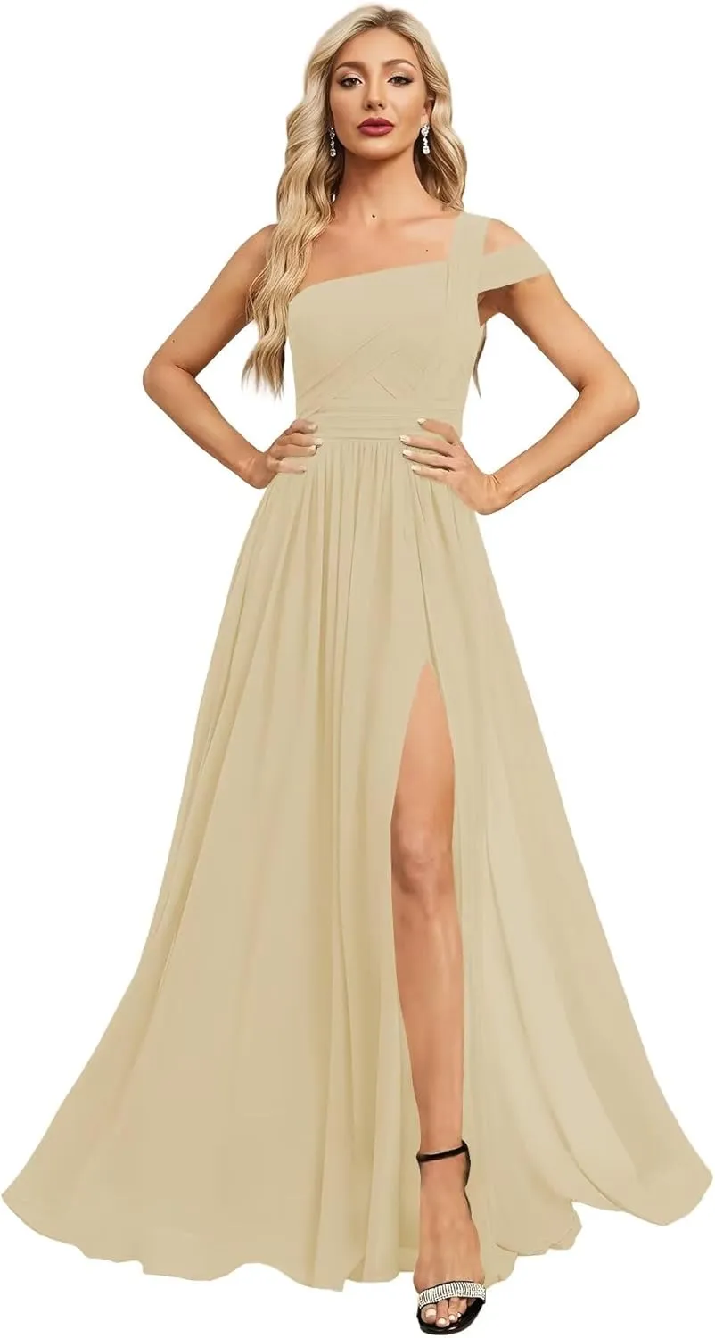 One Shoulder Chiffon Bridesmaid Dresses Long with Slit A-line Ruched Formal Gowns for Women with Pocket WO076