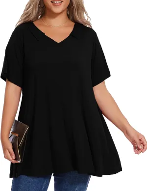 OVERWORETY Women's Plus Size T-Shirt Short Sleeve Lapel V Neck Loose Fitted Polo Tunic Tops