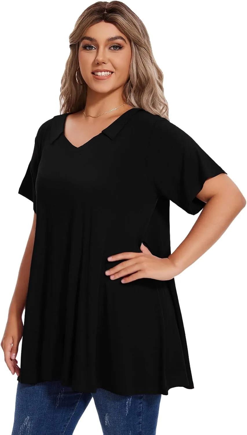 OVERWORETY Women's Plus Size T-Shirt Short Sleeve Lapel V Neck Loose Fitted Polo Tunic Tops