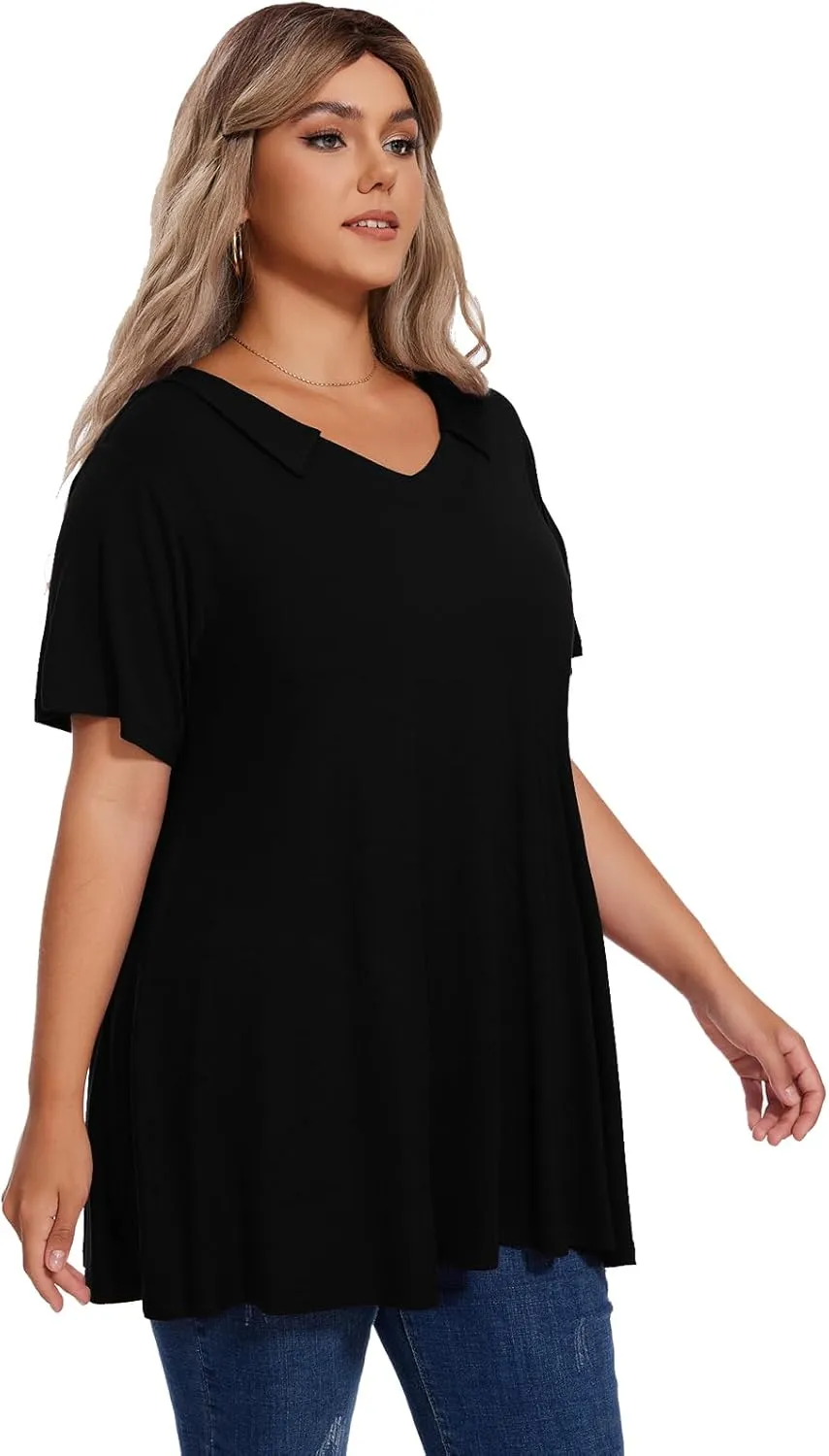 OVERWORETY Women's Plus Size T-Shirt Short Sleeve Lapel V Neck Loose Fitted Polo Tunic Tops