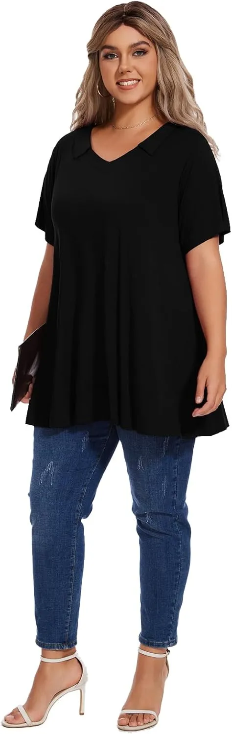 OVERWORETY Women's Plus Size T-Shirt Short Sleeve Lapel V Neck Loose Fitted Polo Tunic Tops