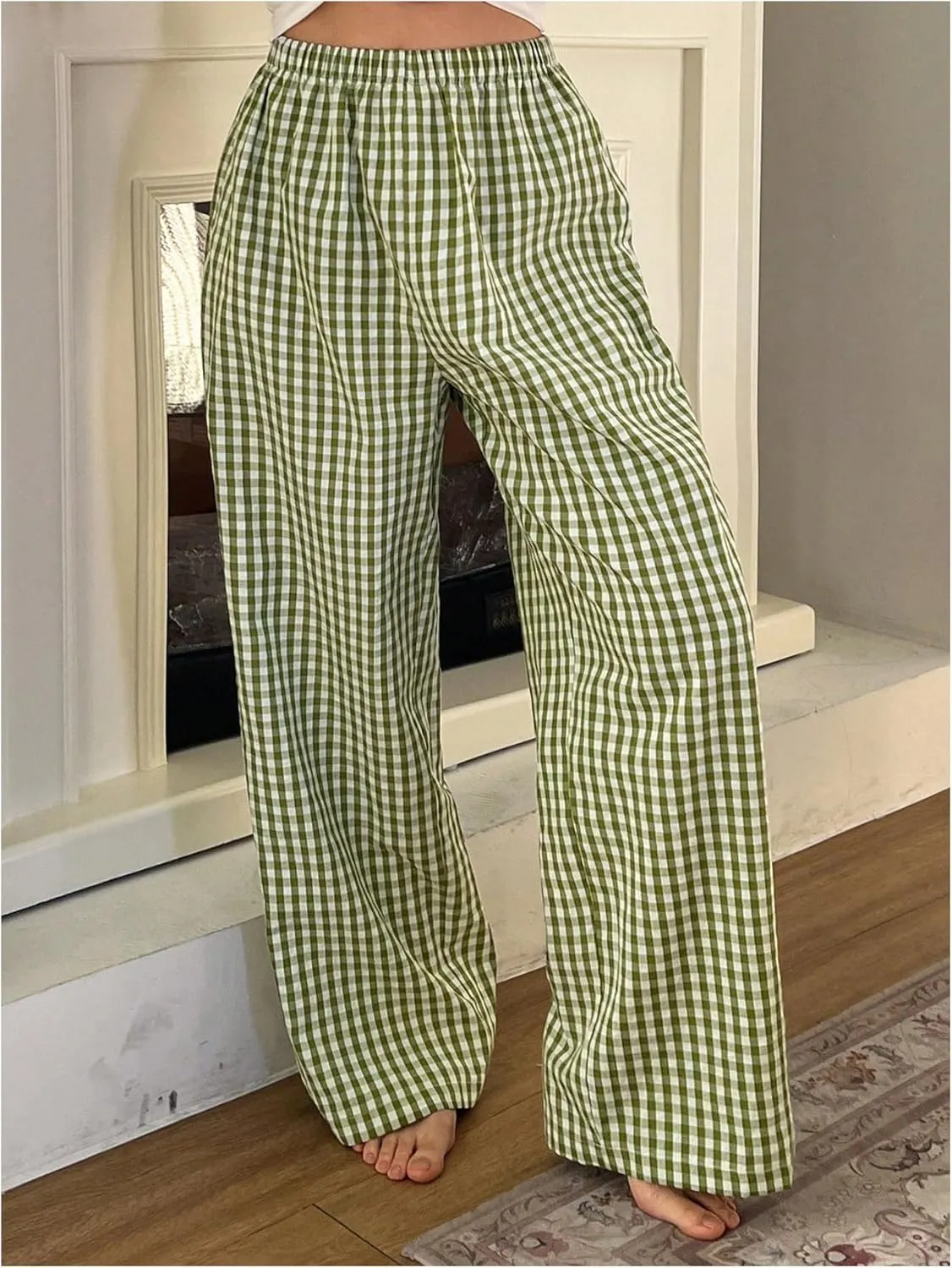OYOANGLE Women's Plaid Print Linen Long Pants Elastic High Waisted Wide Leg Y2K Loose Casual Trousers