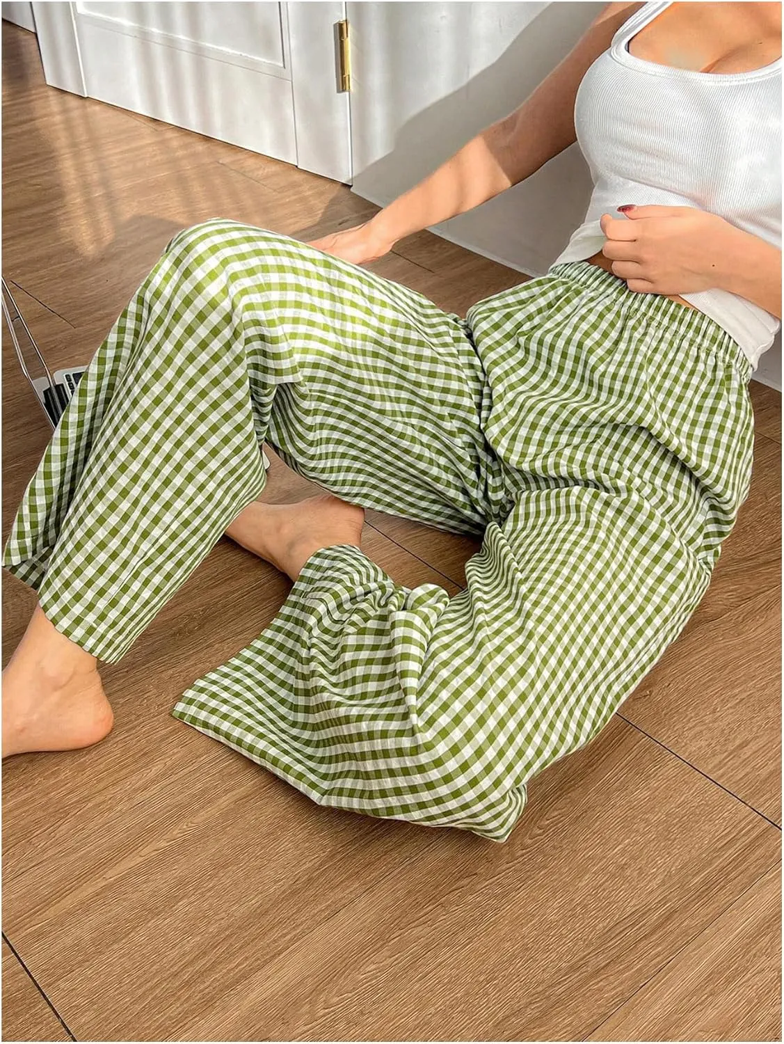 OYOANGLE Women's Plaid Print Linen Long Pants Elastic High Waisted Wide Leg Y2K Loose Casual Trousers