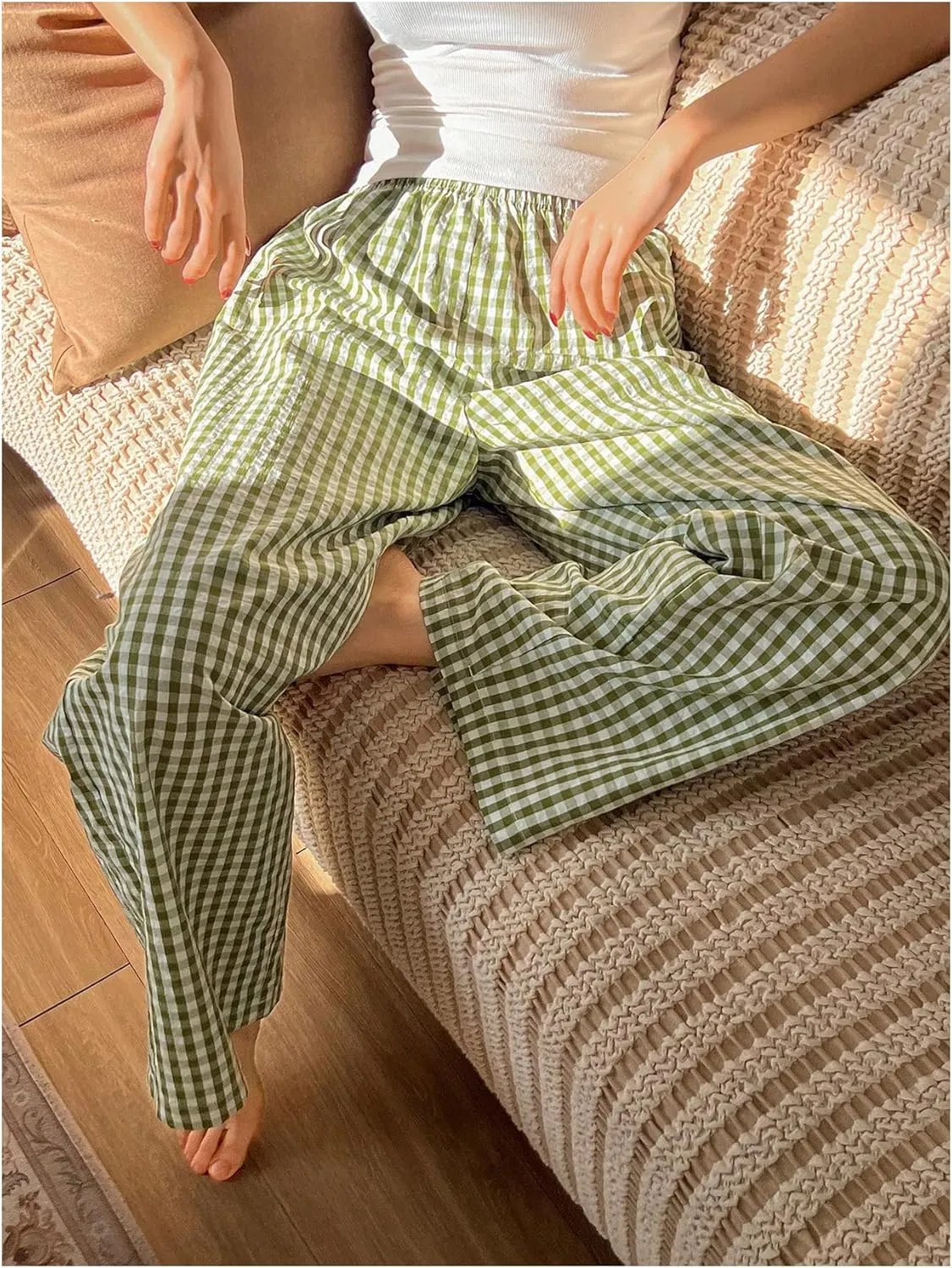 OYOANGLE Women's Plaid Print Linen Long Pants Elastic High Waisted Wide Leg Y2K Loose Casual Trousers