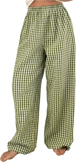 OYOANGLE Women's Plaid Print Linen Long Pants Elastic High Waisted Wide Leg Y2K Loose Casual Trousers