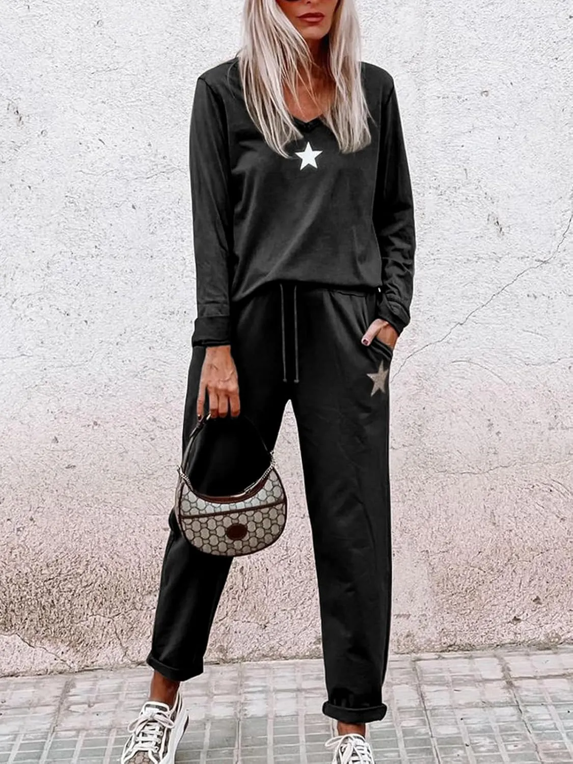 Paintcolors Women's 2 Piece Outfit Long Sleeve Crewneck Tracksuit Solid Color Sweatsuit Lounge Matching Set with Pockets