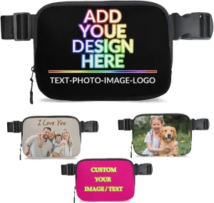 Personalized Mini Belt Bag with Name Text Logo Photo for Women Men, Fashion Waist Packs, Small Crossbody Bag for Workout Running Traveling Hiking Black