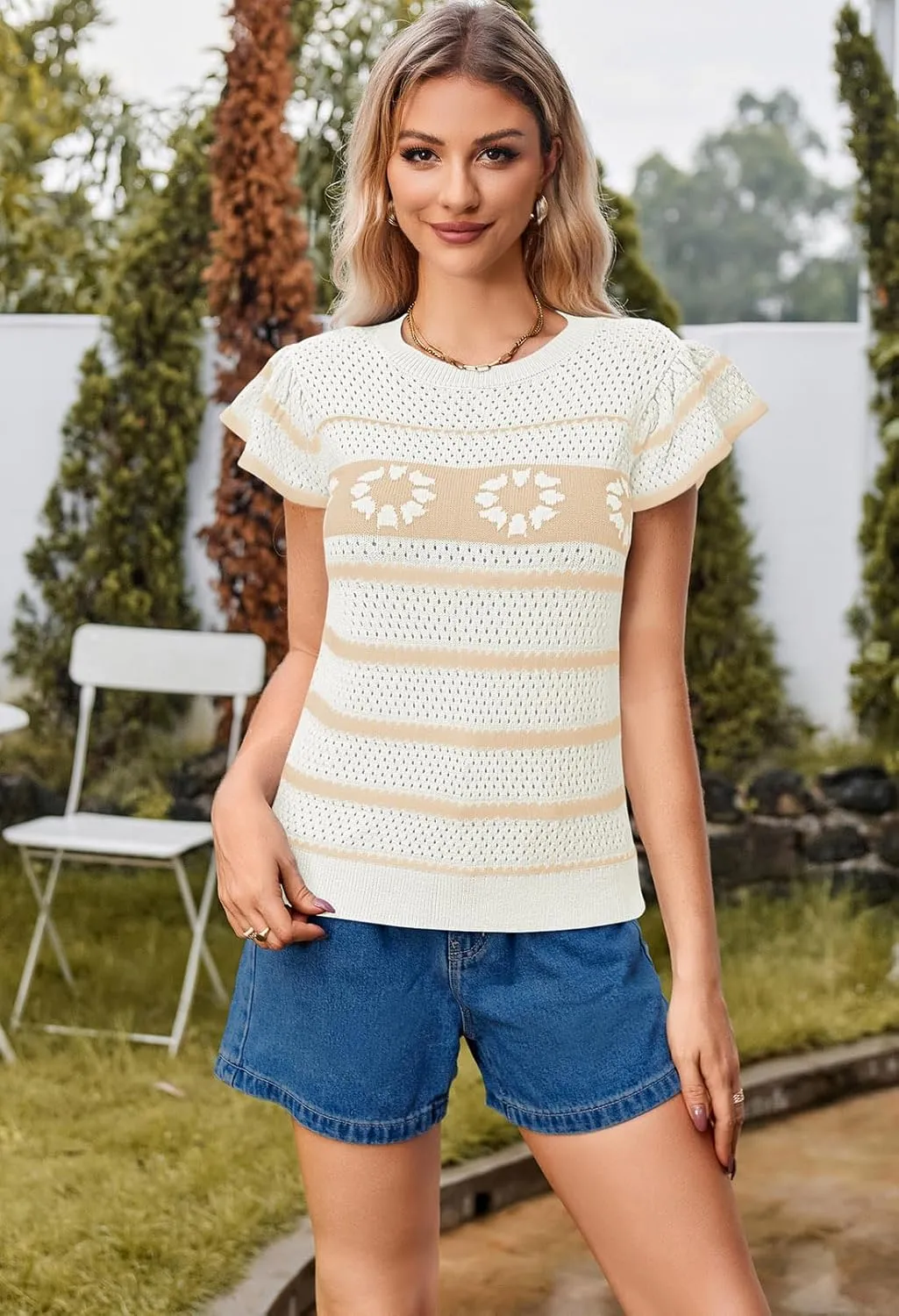 Pink Queen Womens Short Sleeve Sweater Crew Neck Striped Crochet Knit Pullover Top Ruffle Sleeve Summer Shirts