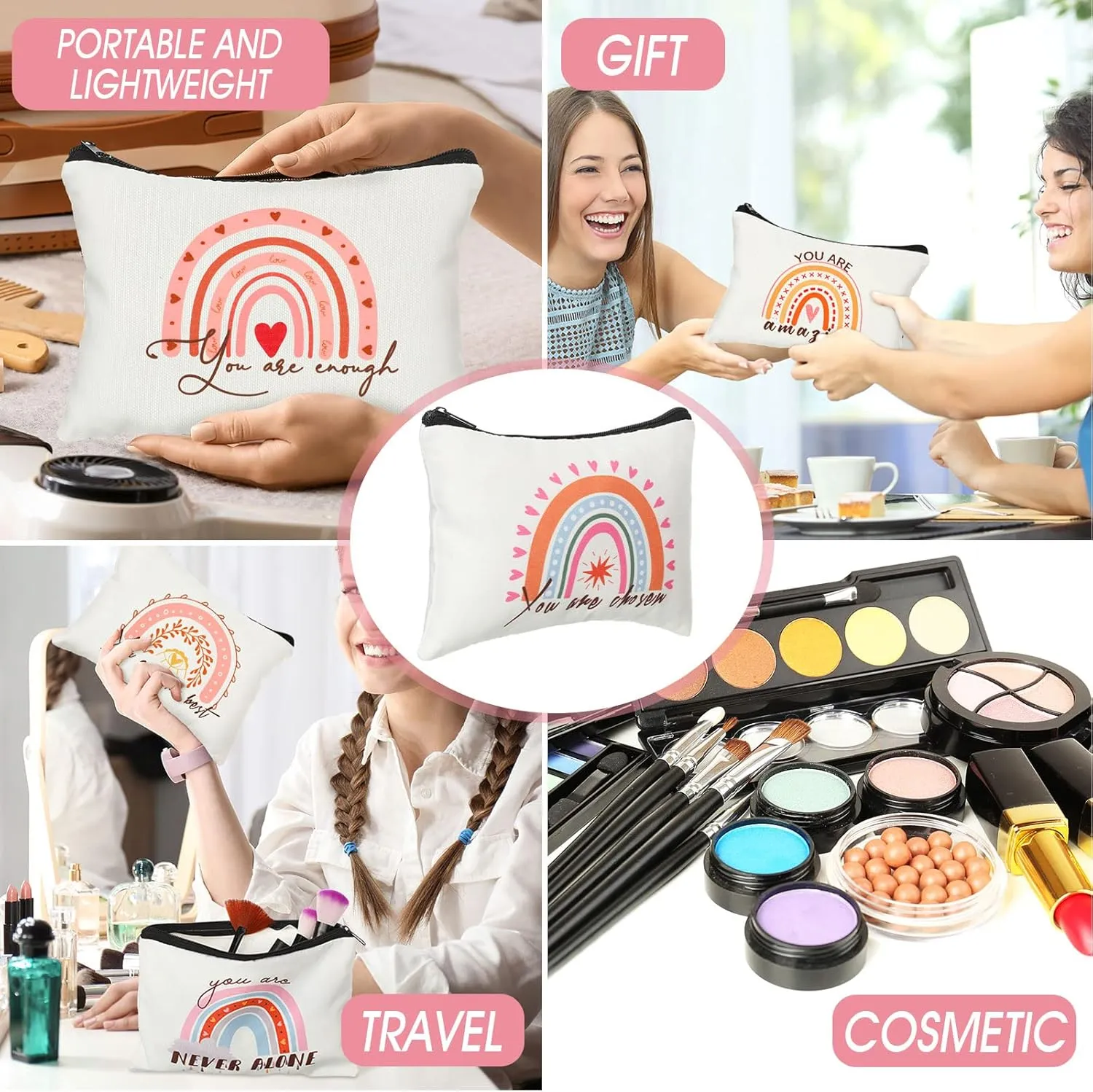 Pinkunn 16 Pcs Canvas Cosmetic Bag Bulk Inspirational Quotes Makeup Bags with Zipper Encouragement Travel Toiletry Pouch Appreciation Gift for Father's Day Graduation Summer Wedding(Rainbow)