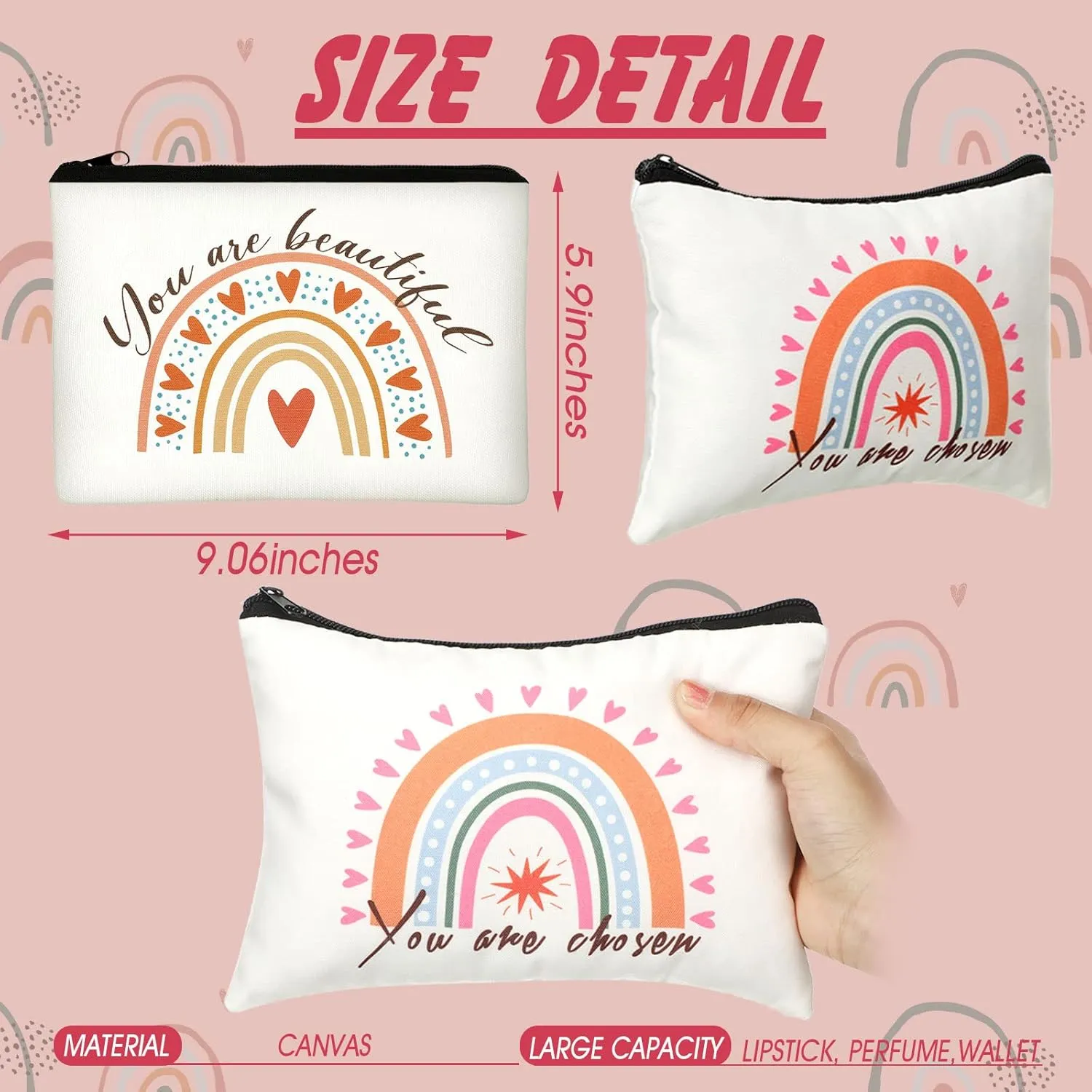Pinkunn 16 Pcs Canvas Cosmetic Bag Bulk Inspirational Quotes Makeup Bags with Zipper Encouragement Travel Toiletry Pouch Appreciation Gift for Father's Day Graduation Summer Wedding(Rainbow)