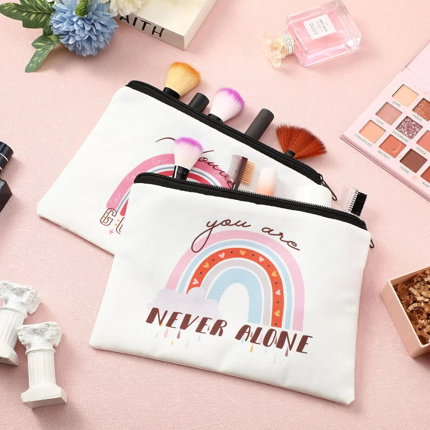 Pinkunn 16 Pcs Canvas Cosmetic Bag Bulk Inspirational Quotes Makeup Bags with Zipper Encouragement Travel Toiletry Pouch Appreciation Gift for Father's Day Graduation Summer Wedding(Rainbow)