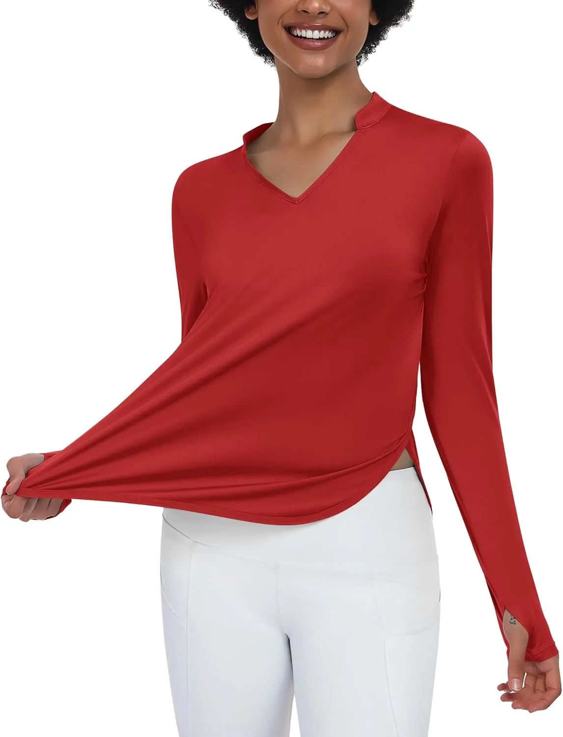PINSPARK Women's Long Sleeve Workout Tops V Neck Athletic Yoga Shirts with Thumb Holes Quick Dry Gym Tops Loose Fit