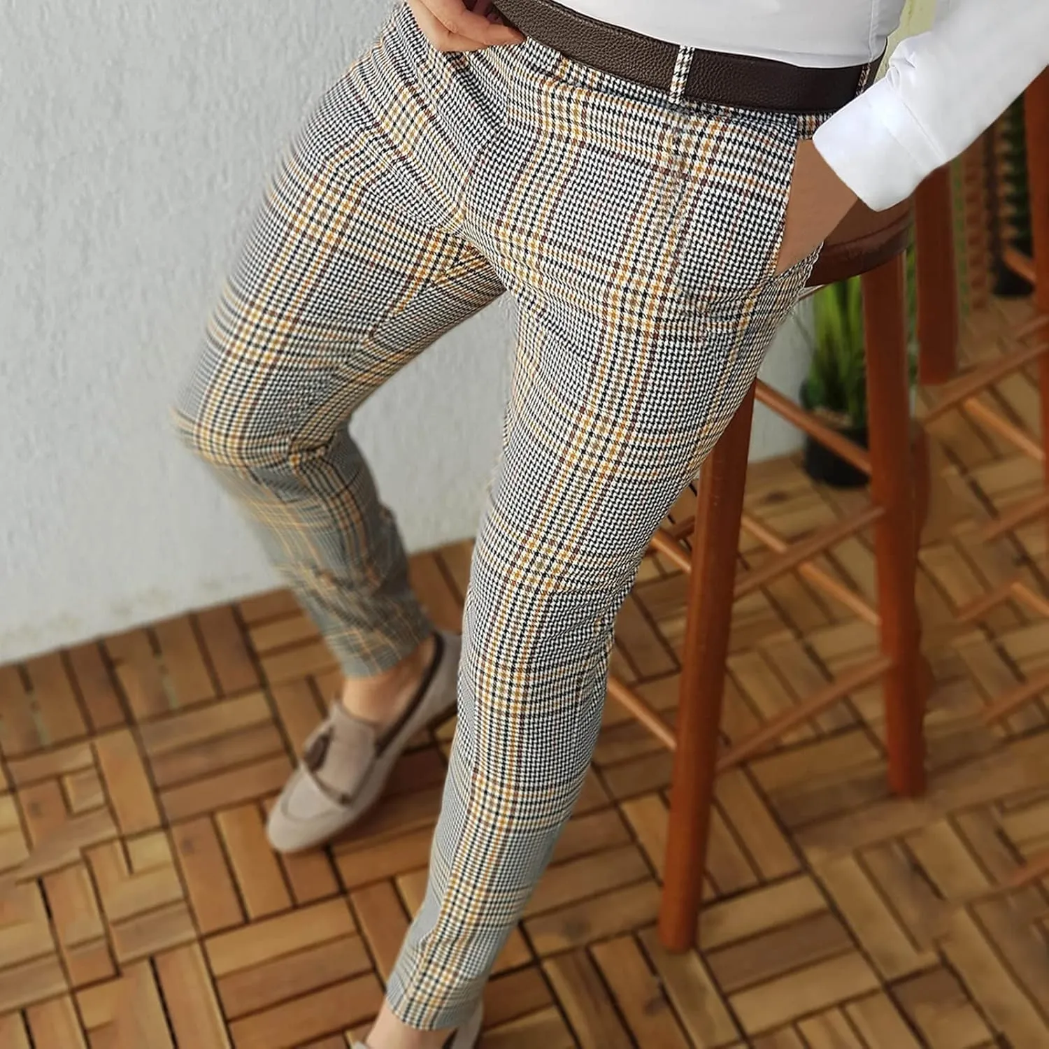 Plaid Dress Pants for Men Casual Slim Fit Chinos Pants Stretch Lightweight Business Pencil Pants Work Trousers with Pockets