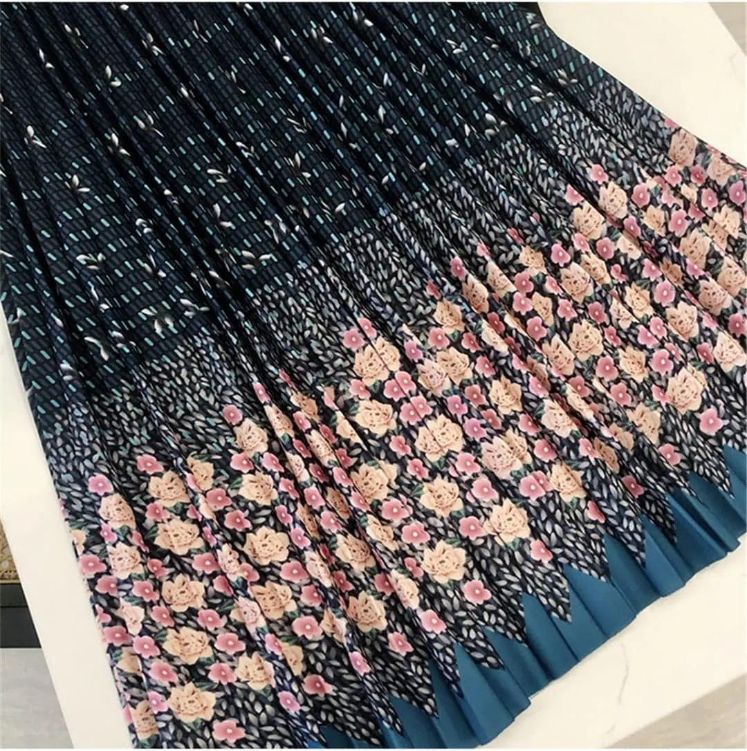 Pleated Skirt Women Spring Summer Vintage Floral Print A Line High Waist Midi Long Skirt