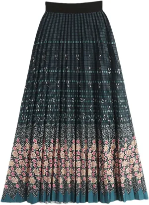 Pleated Skirt Women Spring Summer Vintage Floral Print A Line High Waist Midi Long Skirt
