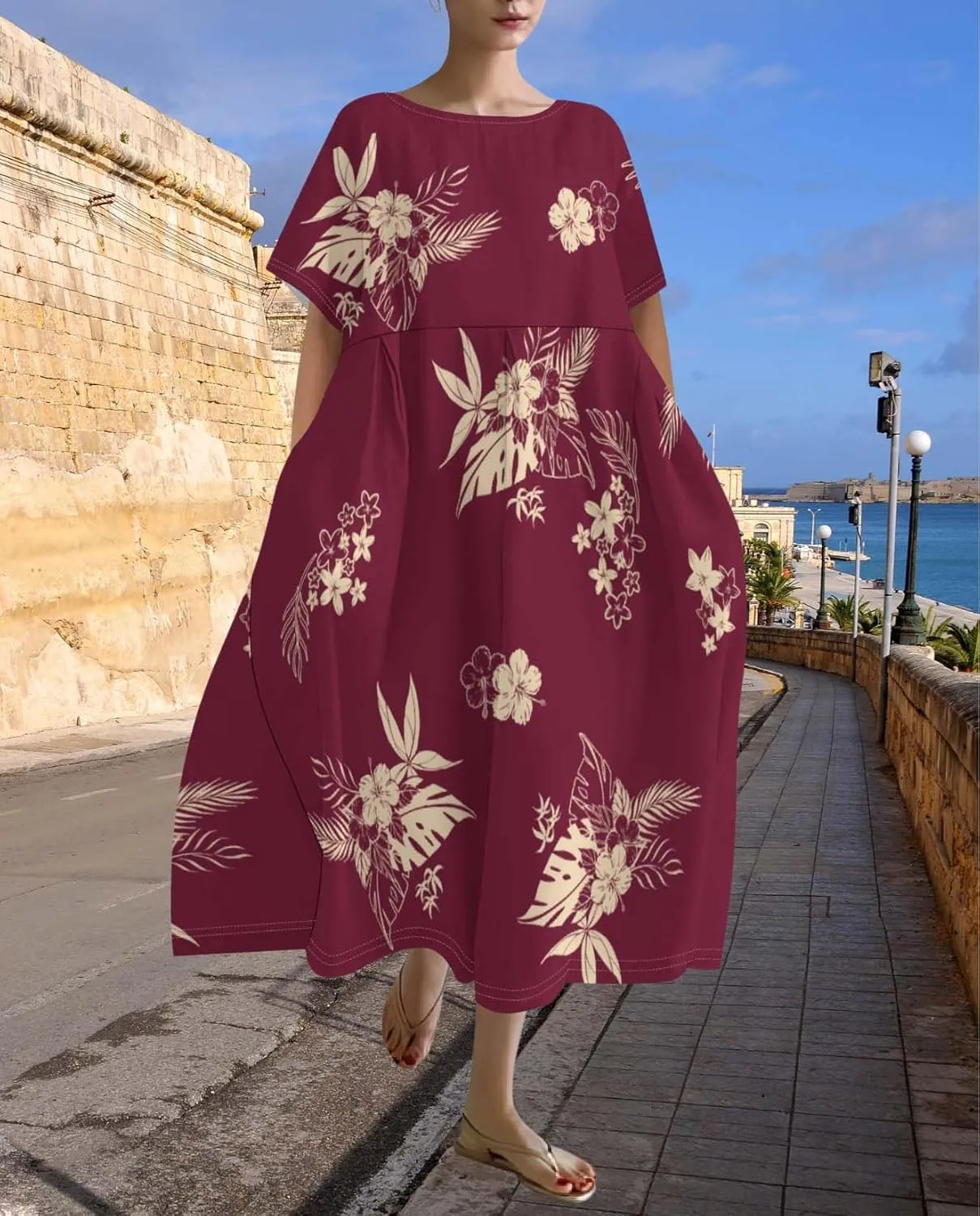 Plus Size Dress for Women Flowy Midi Dress Boho Floral Linen Short Sleeve T Shirt Dresses with Pockets Trendy Summer