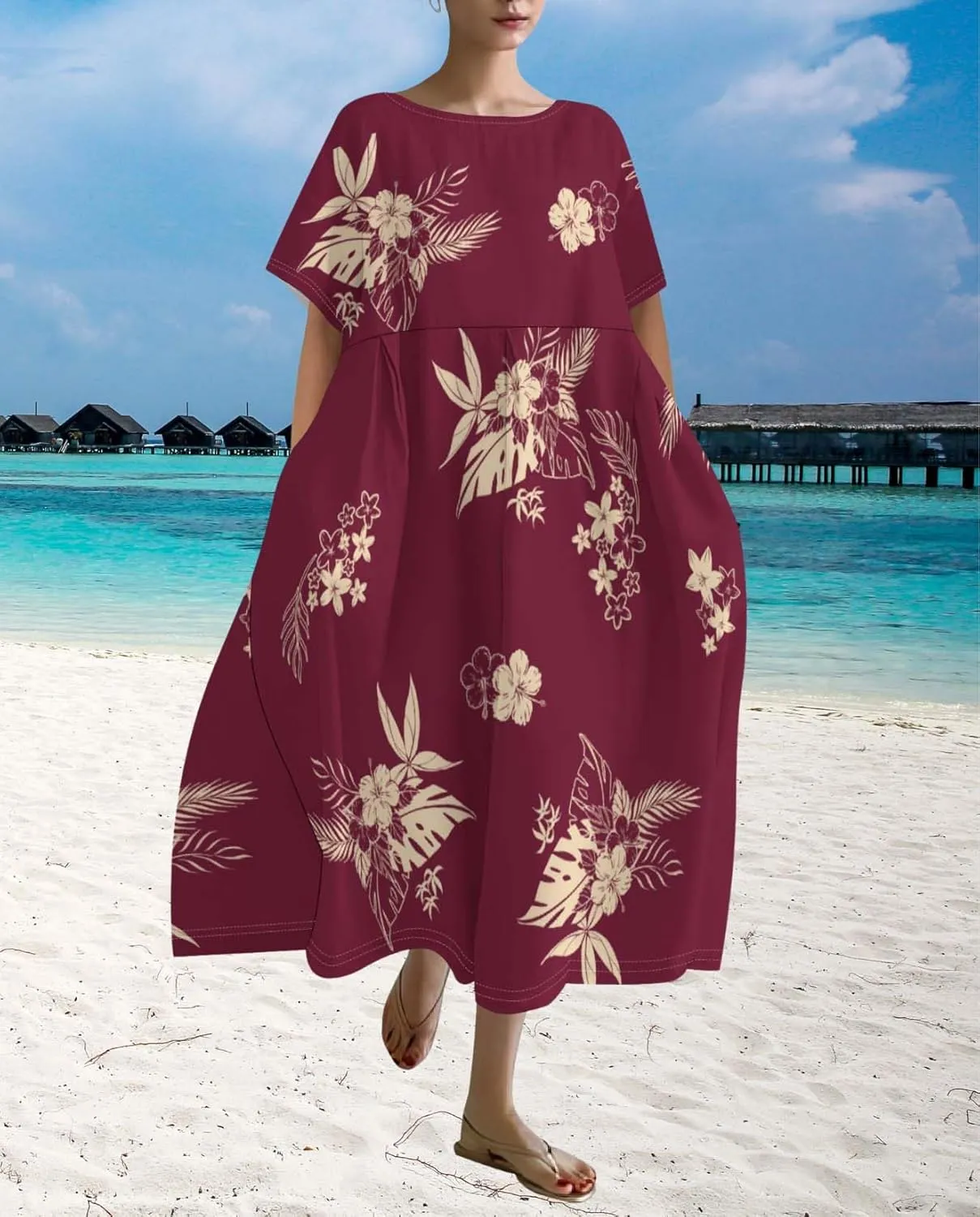 Plus Size Dress for Women Flowy Midi Dress Boho Floral Linen Short Sleeve T Shirt Dresses with Pockets Trendy Summer
