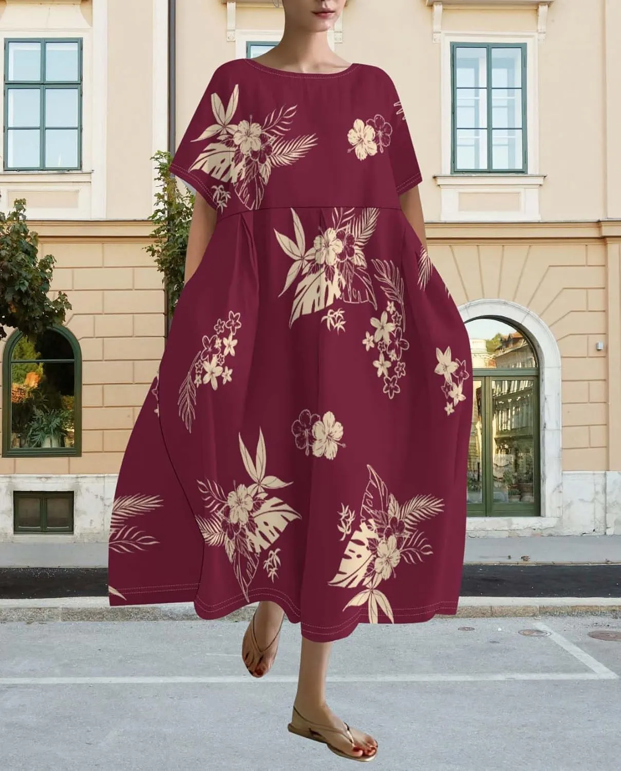 Plus Size Dress for Women Flowy Midi Dress Boho Floral Linen Short Sleeve T Shirt Dresses with Pockets Trendy Summer