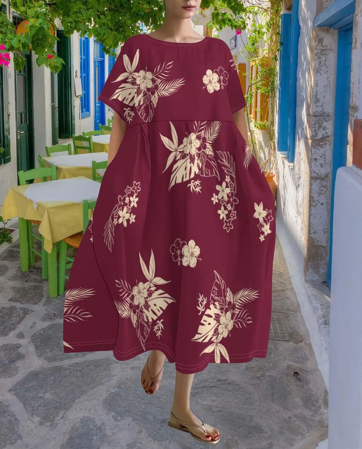 Plus Size Dress for Women Flowy Midi Dress Boho Floral Linen Short Sleeve T Shirt Dresses with Pockets Trendy Summer