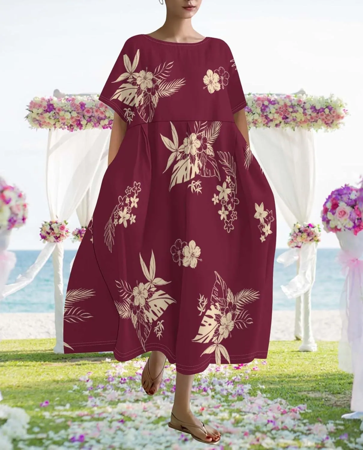 Plus Size Dress for Women Flowy Midi Dress Boho Floral Linen Short Sleeve T Shirt Dresses with Pockets Trendy Summer