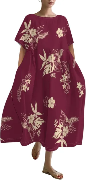 Plus Size Dress for Women Flowy Midi Dress Boho Floral Linen Short Sleeve T Shirt Dresses with Pockets Trendy Summer