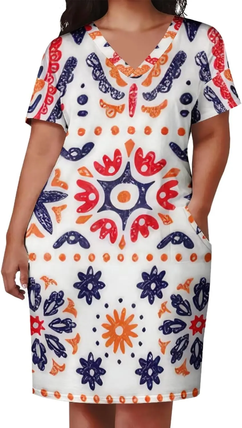 Plus Size Dress for Women Summer Casual African Print V Neck Short Sleeve with Pockets Loose Midi Dresses